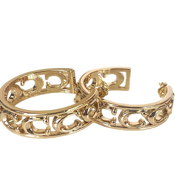 AUTH NEW COACH GOLD 1.25" Signature Hoop Earrings Card w/Tag & Dust Bag $125 - Picture 1 of 6